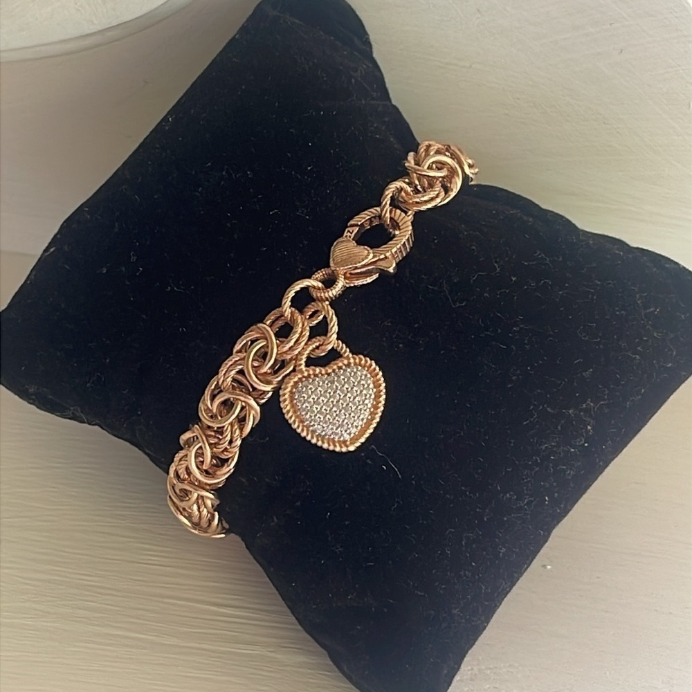 Judith Ripka Rose Gold Clad Byzantine Heart Charm Bracelet Pave